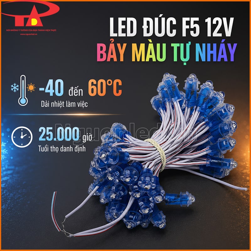 LED đúc F5 12V nháy đủ màu với dải nhiệt -40 đến 60°C và tuổi thọ 25.000 giờ