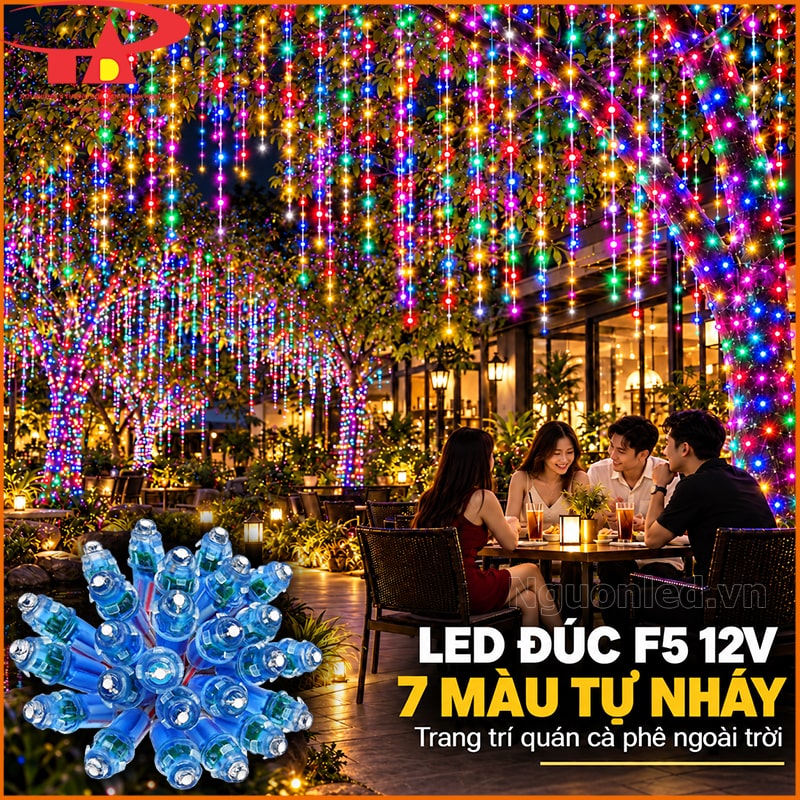 Bóng LED đúc F5 12V bảy màu thả từ tán cây, trang trí không gian bàn khách tại quán cà phê ngoài trời