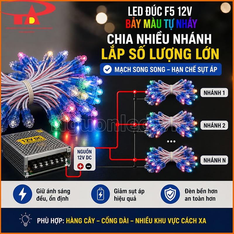LED đúc F5 12V 7 màu tự nháy chia nhiều nhánh song song để hạn chế sụt áp