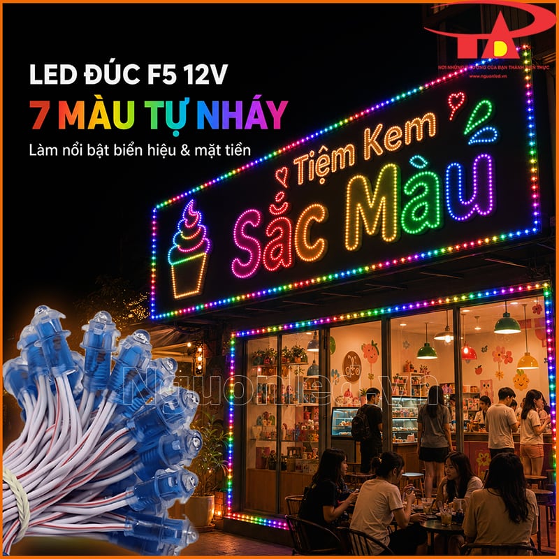 LED đúc F5 12V nháy đủ màu làm bảng hiệu Tiệm Kem Sắc Màu và viền mặt tiền