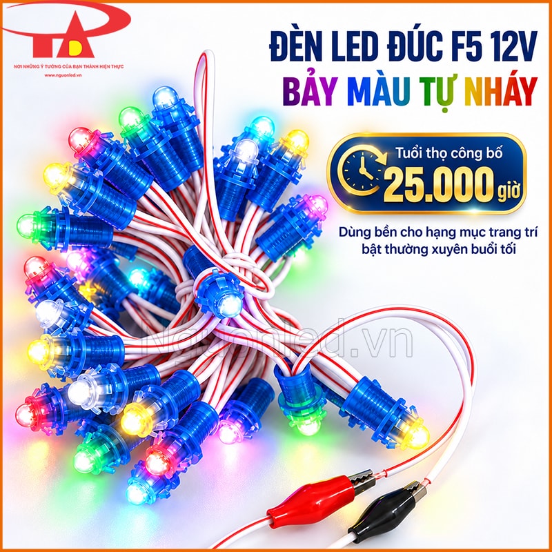 Đèn LED đúc F5 12V 7 màu tự nháy có tuổi thọ công bố 25.000 giờ, dùng cho hạng mục trang trí lâu dài
