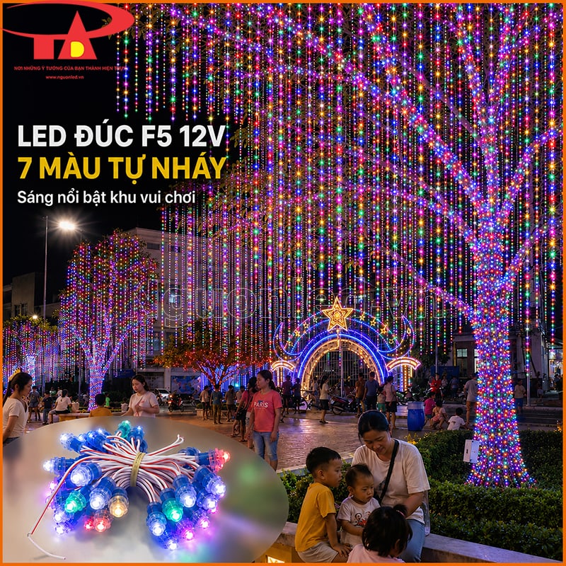 LED đúc F5 12V 7 màu tự nháy trang trí khu vui chơi với cây, cổng sáng và mô hình check-in