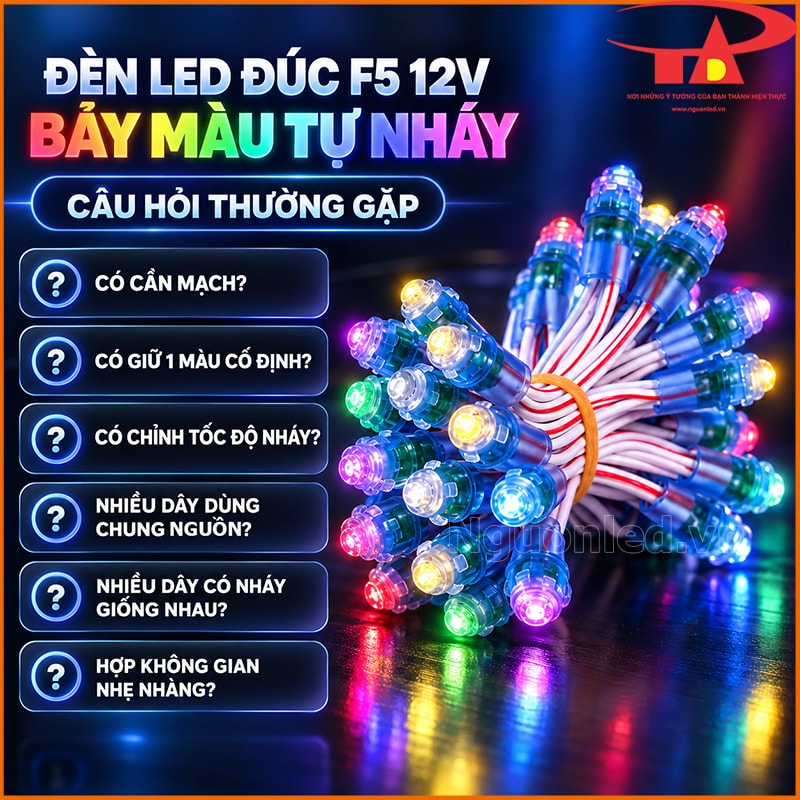 LED F5 bảy màu đang sáng bên cạnh các câu hỏi về mạch điều khiển, tốc độ nháy và nguồn điện 12V