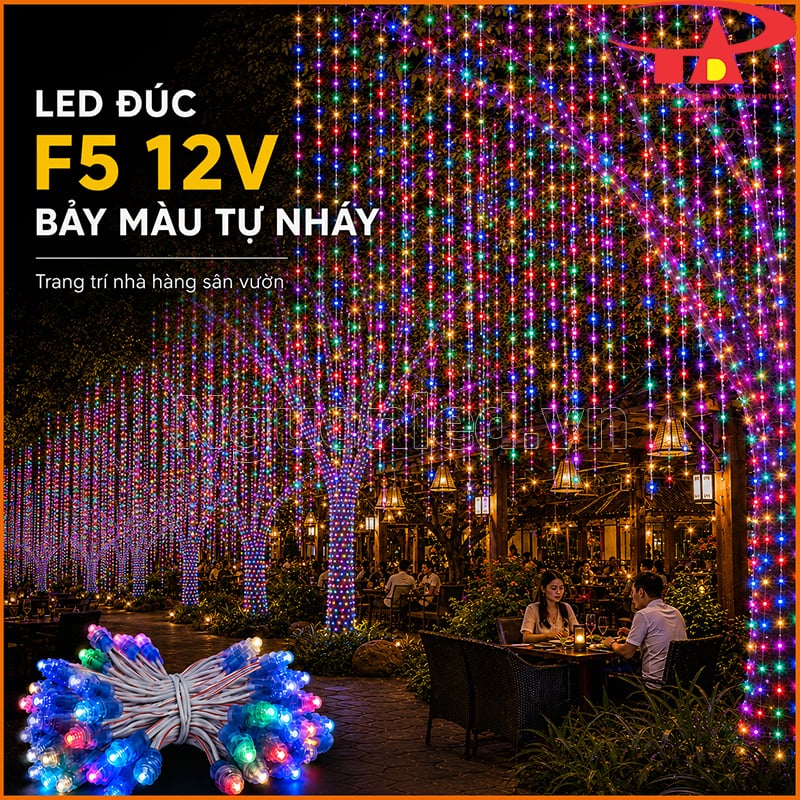 Đèn LED đúc F5 12V bảy màu tự nháy trang trí hàng cây nhà hàng sân vườn