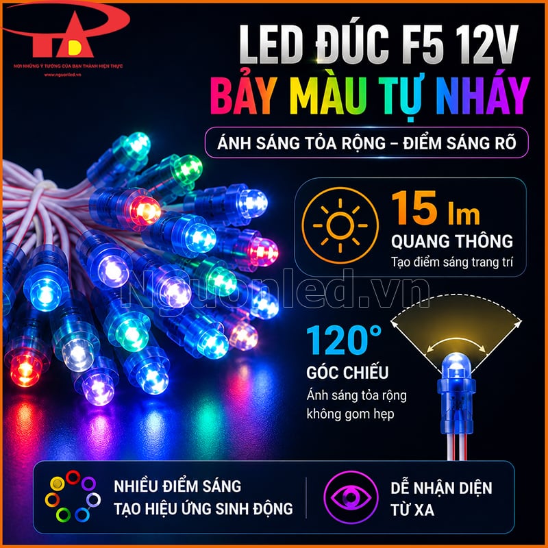LED đúc F5 12V đổi màu với 15 lm/bóng, góc chiếu 120° và nhiều điểm sáng rõ 