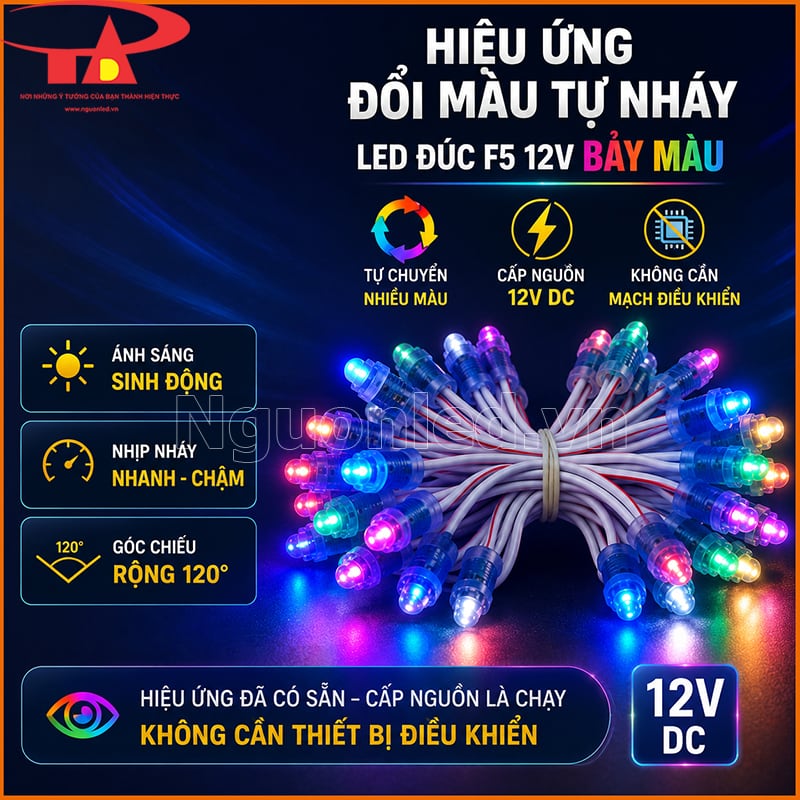LED đúc F5 12V 7 màu tự nháy có hiệu ứng đổi màu, nhịp nhanh chậm và góc chiếu 120°
