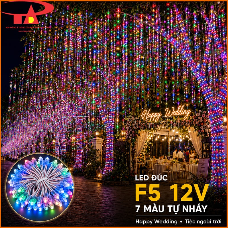 LED đúc F5 12V tự nháy đổi màu quấn cây và thả rủ quanh khu tiệc cưới ngoài trời