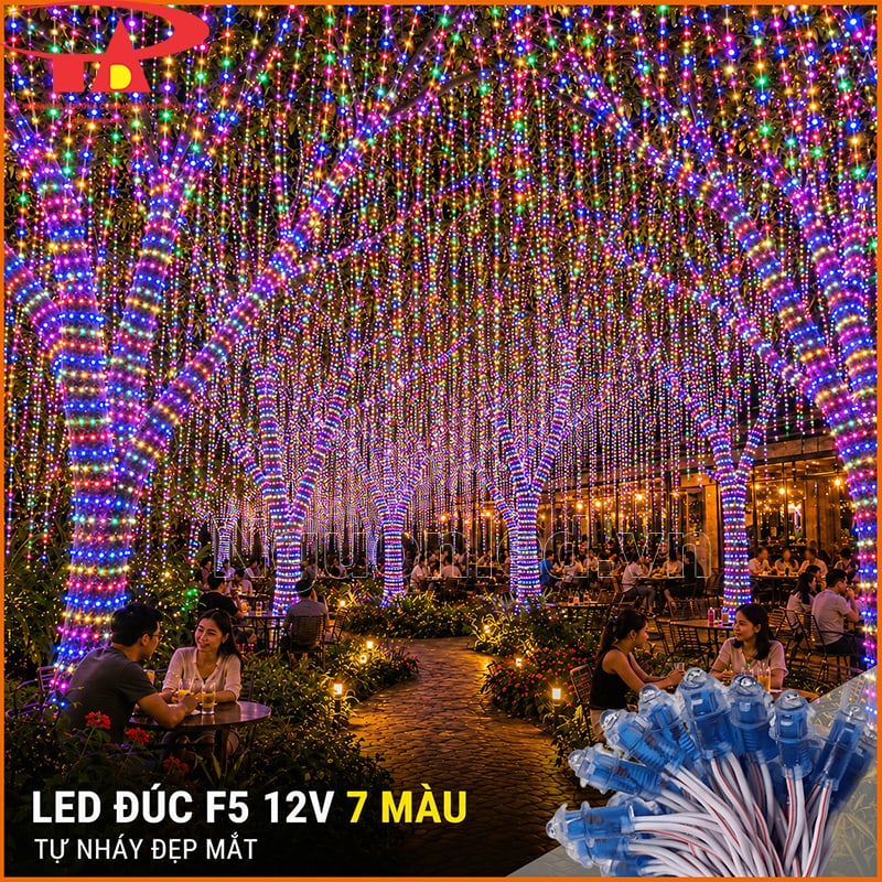 Đèn LED đúc F5 12V 7 màu tự nháy trang trí quán cà phê ngoài trời với rèm sáng nhiều màu