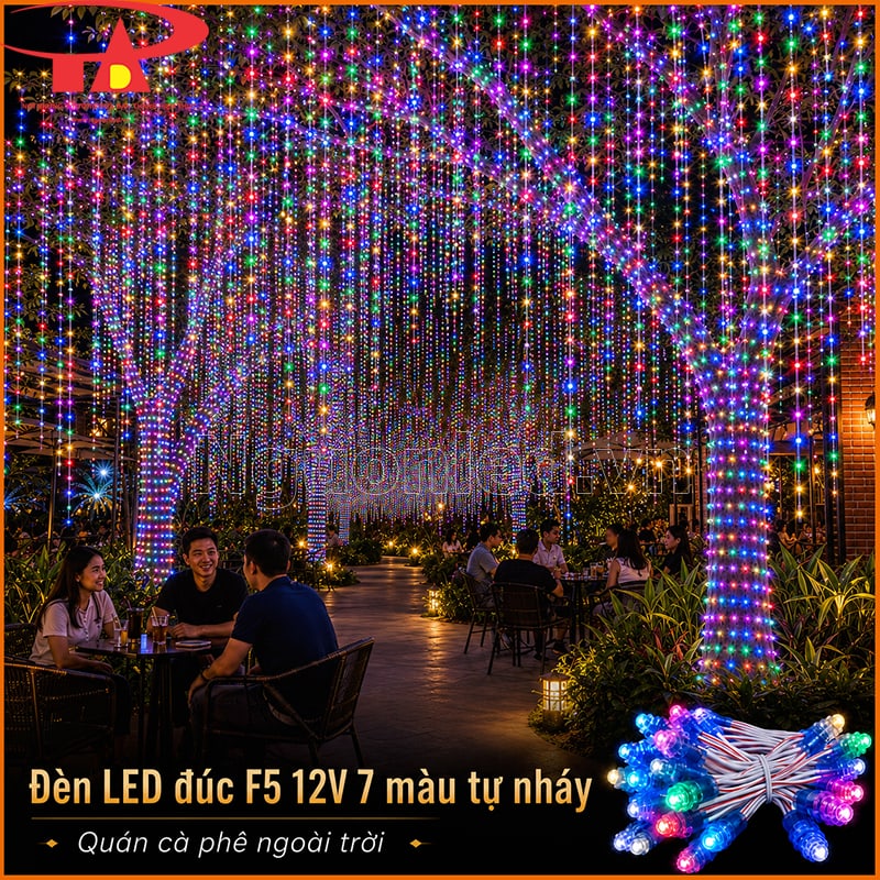 LED đúc F5 12V tự nháy nhiều màu quấn cây và thả rèm sáng trong quán cà phê ngoài trời 