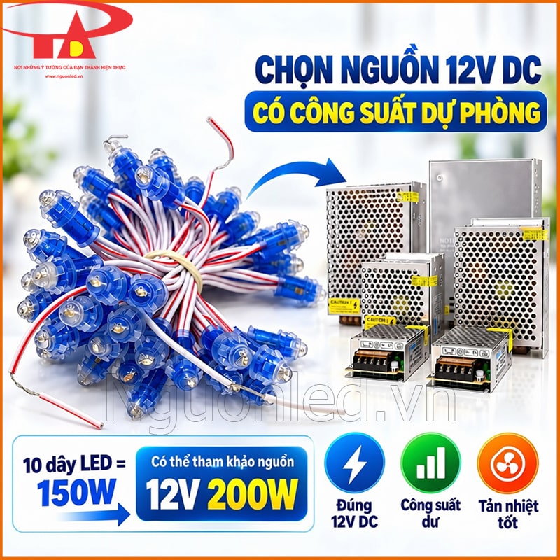 Bó LED F5 12V bên cạnh các bộ nguồn tổ ong, kèm ví dụ 10 dây tiêu thụ 150W và nguồn 12V 200W