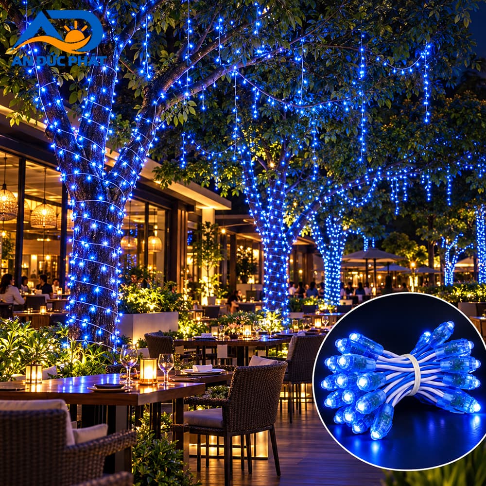 Cận cảnh bóng đèn LED đúc F5 12V xanh dương đầu trong, chiếu sáng và trang trí phông nền sự kiện