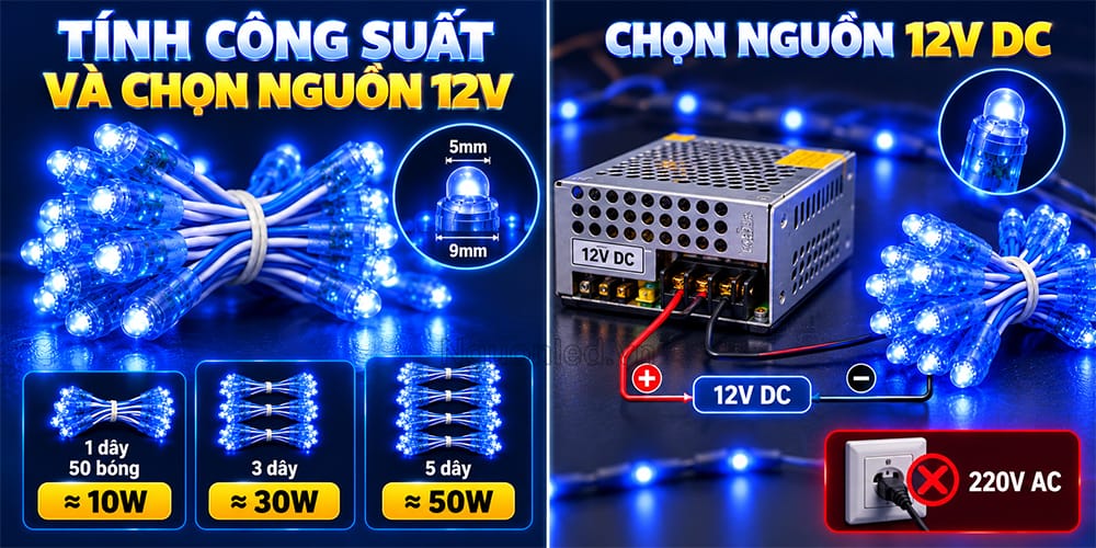 Bóng LED đúc F5 đế 9 mm được đặt cạnh nhau, làm rõ công suất và tính toán nguồn điện 12V
