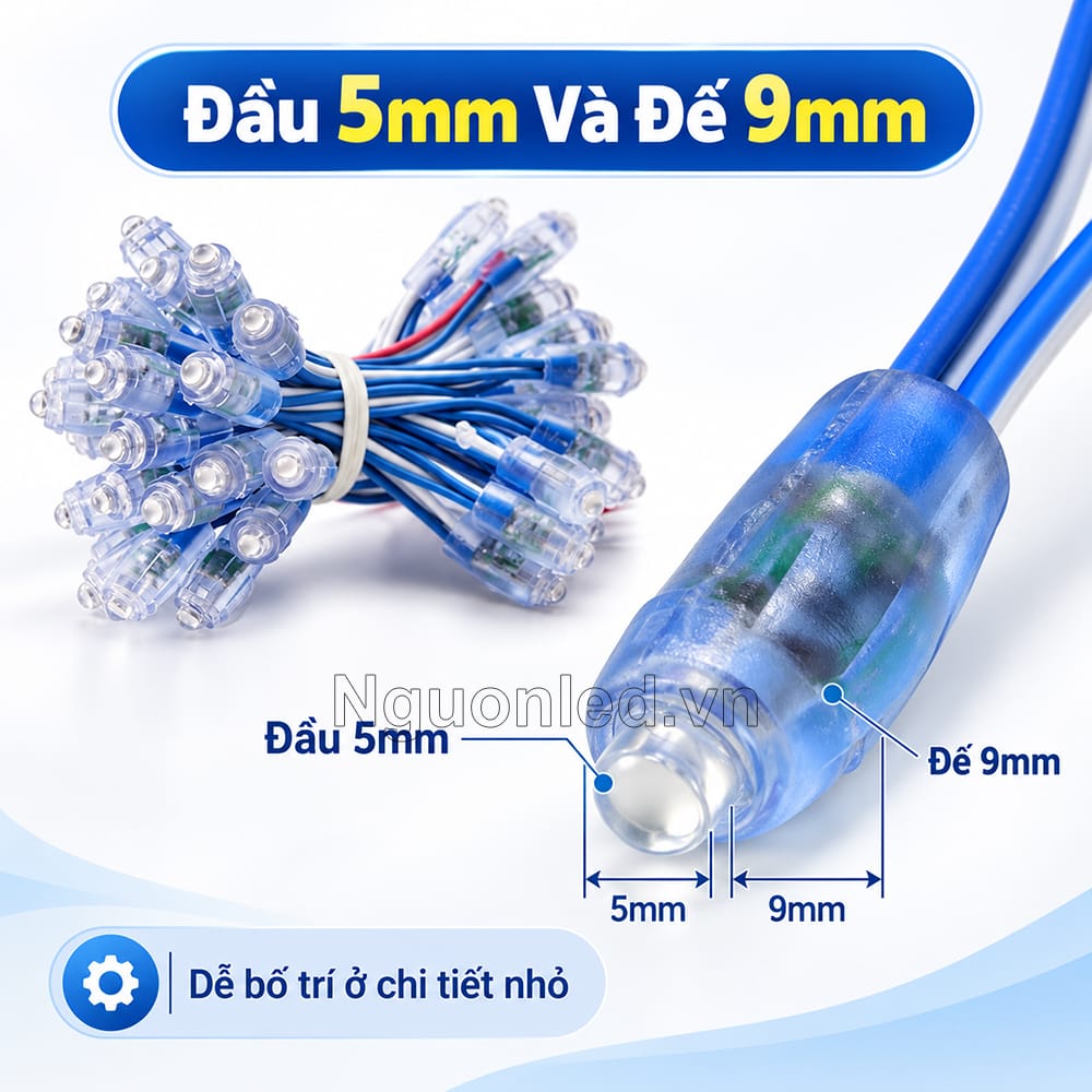 Đèn LED Đúc F5 12V Xanh Dương Đầu Trong Với Đầu 5mm Và Đế 9mm làm rõ các điểm LED nhỏ trên dây