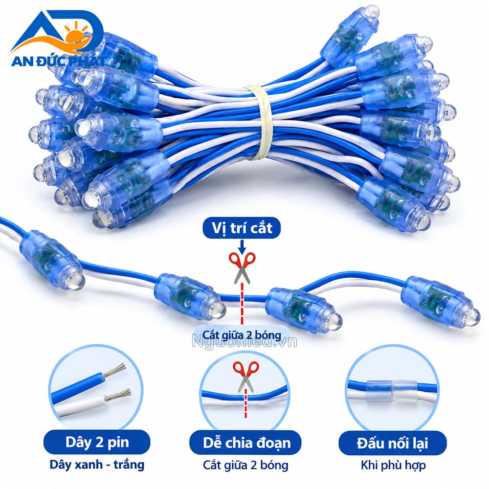 Cận cảnh Vị Trí Cắt Trên Dây LED F5 đế 9 mm, thể hiện phần đầu bóng nhỏ và đế nhựa dùng để cố định bóng