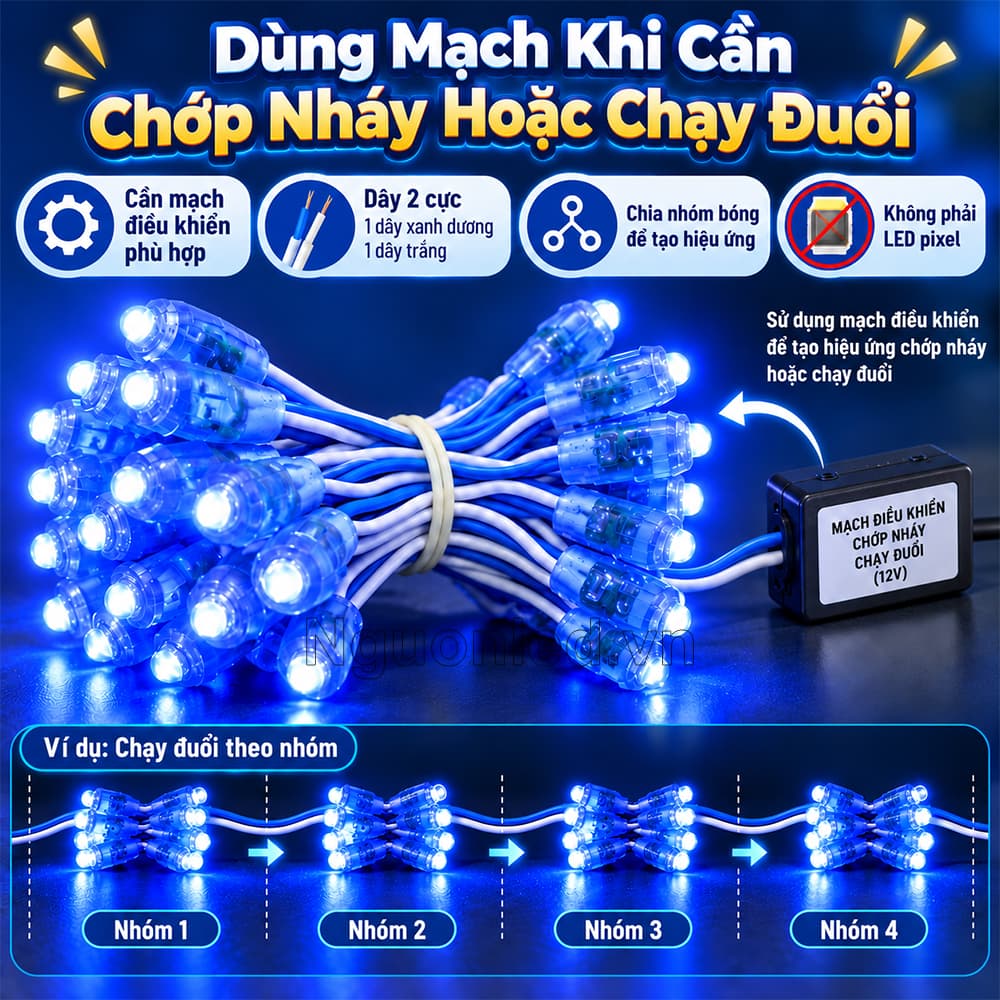 Bóng LED F5 đế 9 mm chụp cận cảnh, sử dung mạch led khi cần chớp nháy, chạy đuổi