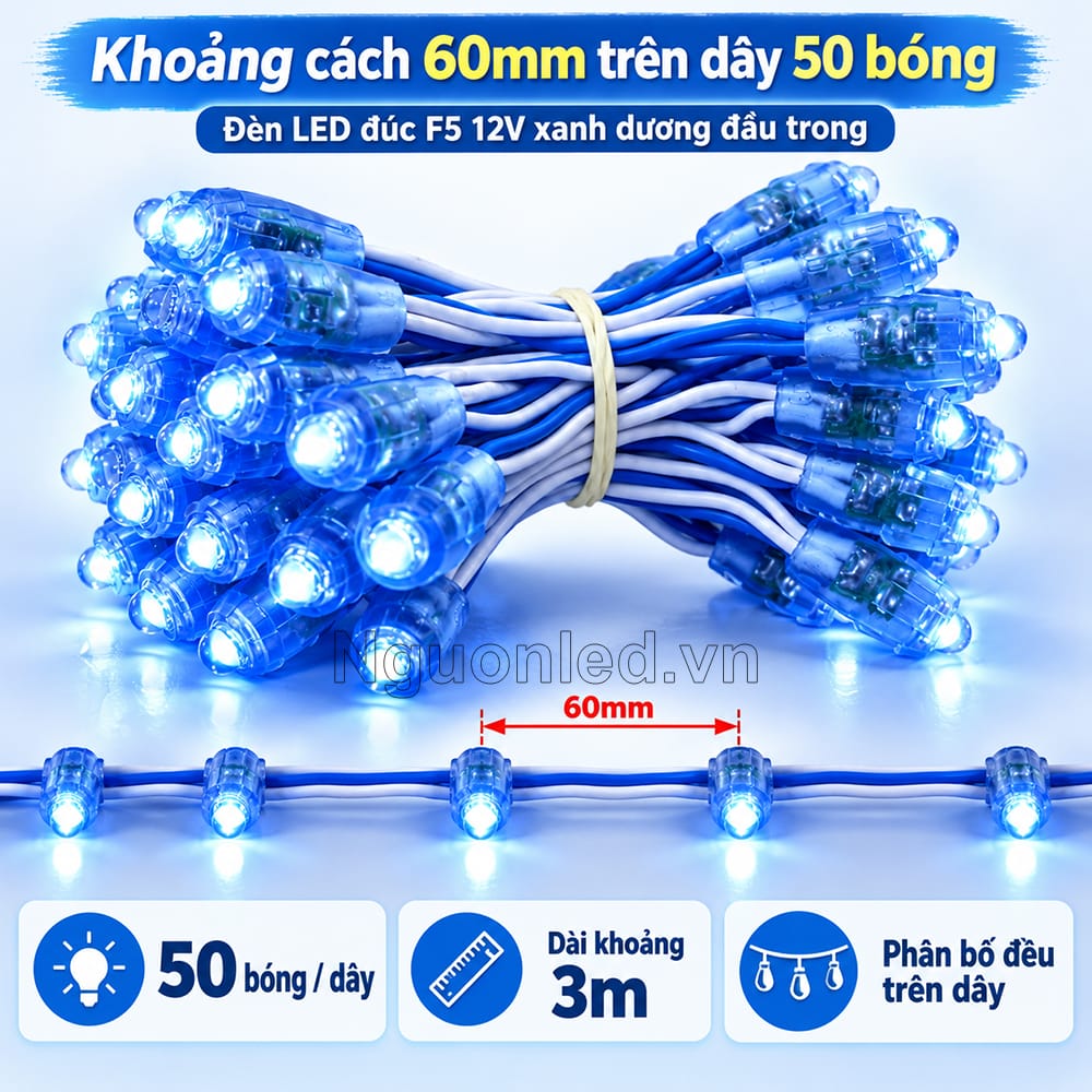 Đèn LED Đúc F5 12V Xanh Dương Đầu Trong quấn theo đường cong của thân cây, Khoảng Cách 60mm Trên Dây 50 Bóng