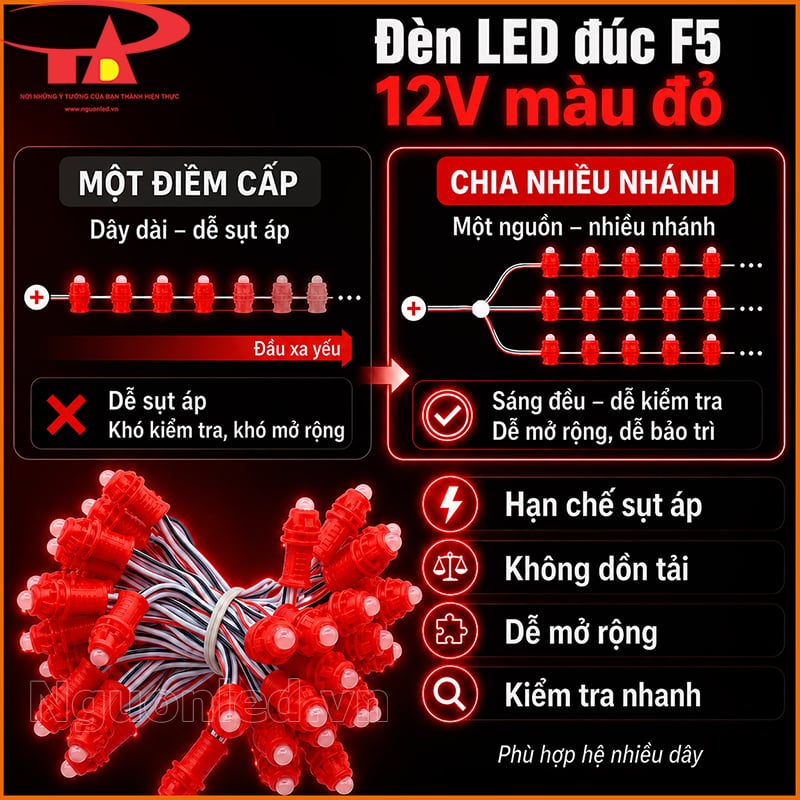 Dây LED đúc F5 12V màu đỏ minh họa chia nhiều nhánh cấp điện để hạn chế sụt áp