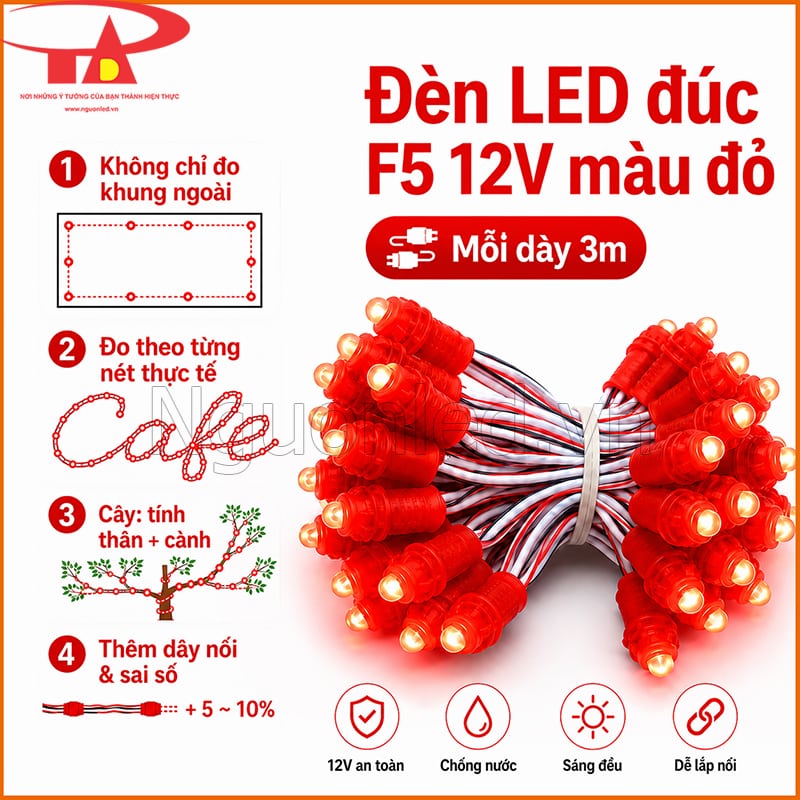 Dây LED đúc F5 12V màu đỏ minh họa cách tính số dây theo từng nét trang trí