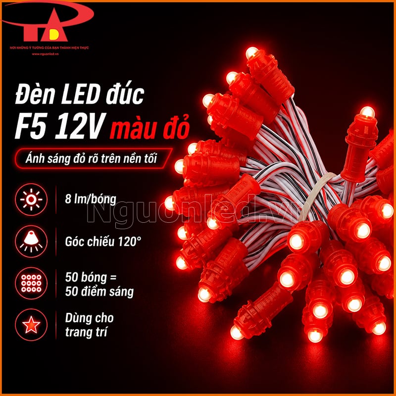 Dây LED đúc F5 12V màu đỏ với 8 lm/bóng, góc chiếu 120° và 50 điểm sáng 