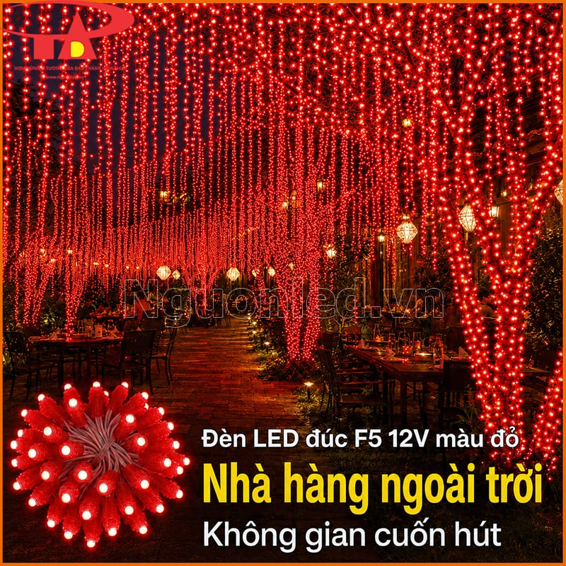 Dây LED đúc F5 12V màu đỏ trang trí hàng cây và khu bàn ăn nhà hàng ngoài trời