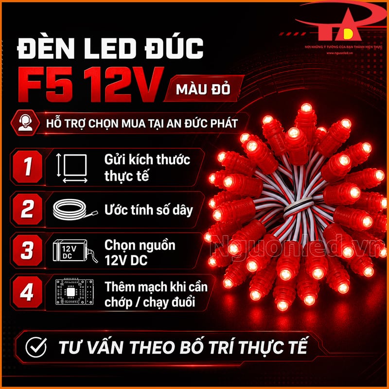 Đèn LED đúc F5 12V màu đỏ được An Đức Phát tư vấn số dây, nguồn và mạch điều khiển