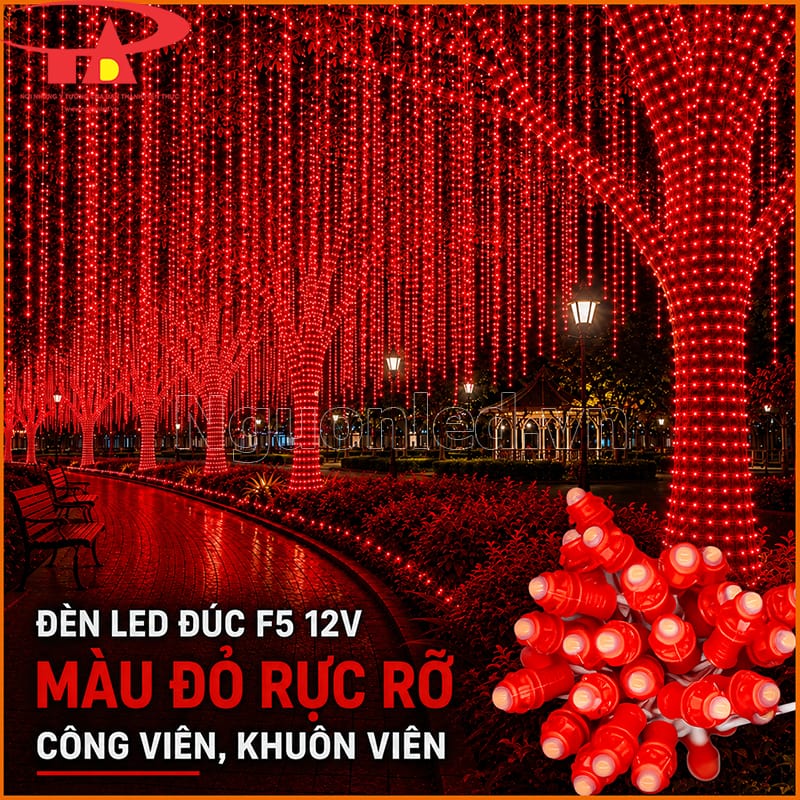 LED đúc F5 12V đỏ quấn thân cây và thả rủ dày trong công viên, khuôn viên