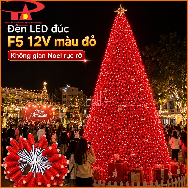 Đèn LED đúc F5 12V màu đỏ trang trí cây thông Noel trong không gian lễ hội