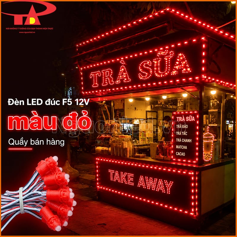 LED đúc F5 12V màu đỏ làm bảng hiệu trà sữa, viền quầy và menu ngoài trời