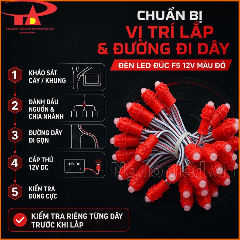 Đèn LED đúc F5 12V màu đỏ với hướng dẫn chuẩn bị vị trí lắp và đường đi dây