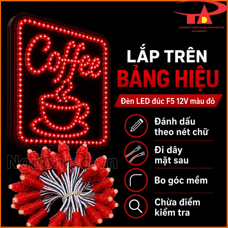 Đèn LED đúc F5 12V màu đỏ lắp trên bảng hiệu Coffee với chữ và viền sáng
