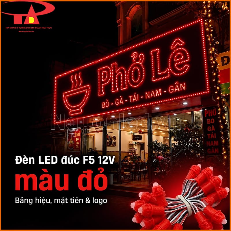 Đèn LED đúc F5 12V màu đỏ làm bảng hiệu Phở Lê với chữ nổi và viền sáng 