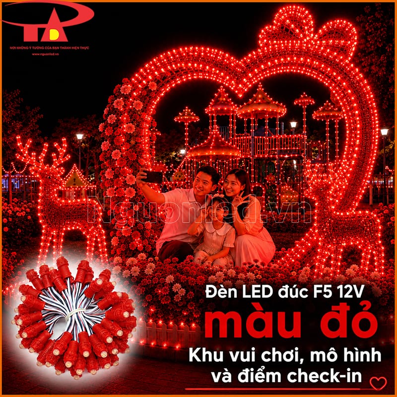 Đèn LED đúc F5 màu đỏ trang trí mô hình, cổng tim và khu check-in ngoài trời 