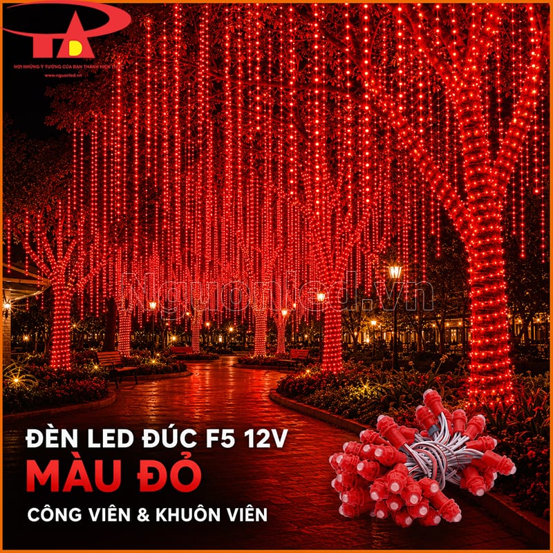 Đèn LED F5 12V màu đỏ phủ sáng hàng cây và lối dạo trong công viên ban đêm