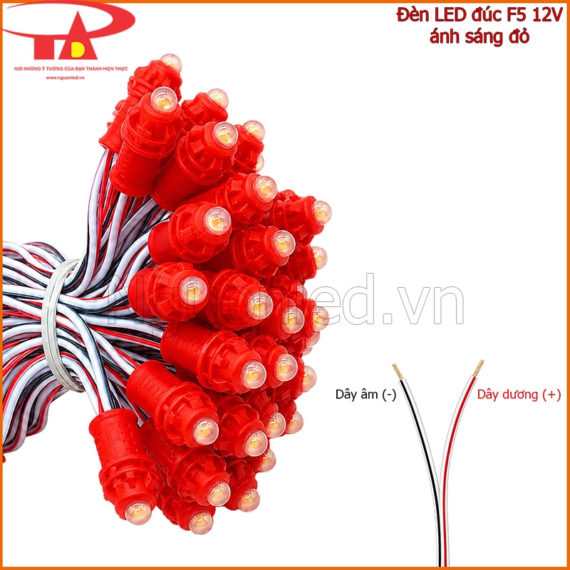 LED đúc F5 12V đỏ với dây âm màu trắng sọc đen và dây dương màu trắng sọc đỏ