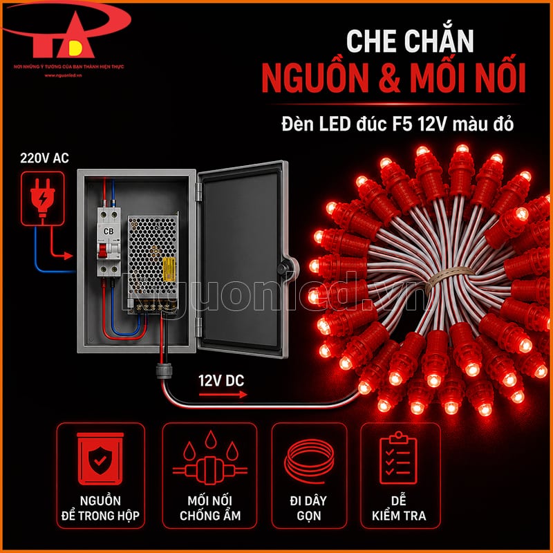 Đèn LED đúc F5 12V màu đỏ lắp cùng hộp nguồn, CB và mối nối chống ẩm 