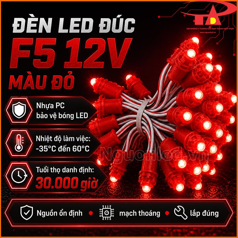 Đèn LED đúc F5 12V màu đỏ với nhựa PC, nhiệt độ làm việc và tuổi thọ 30.000 giờ