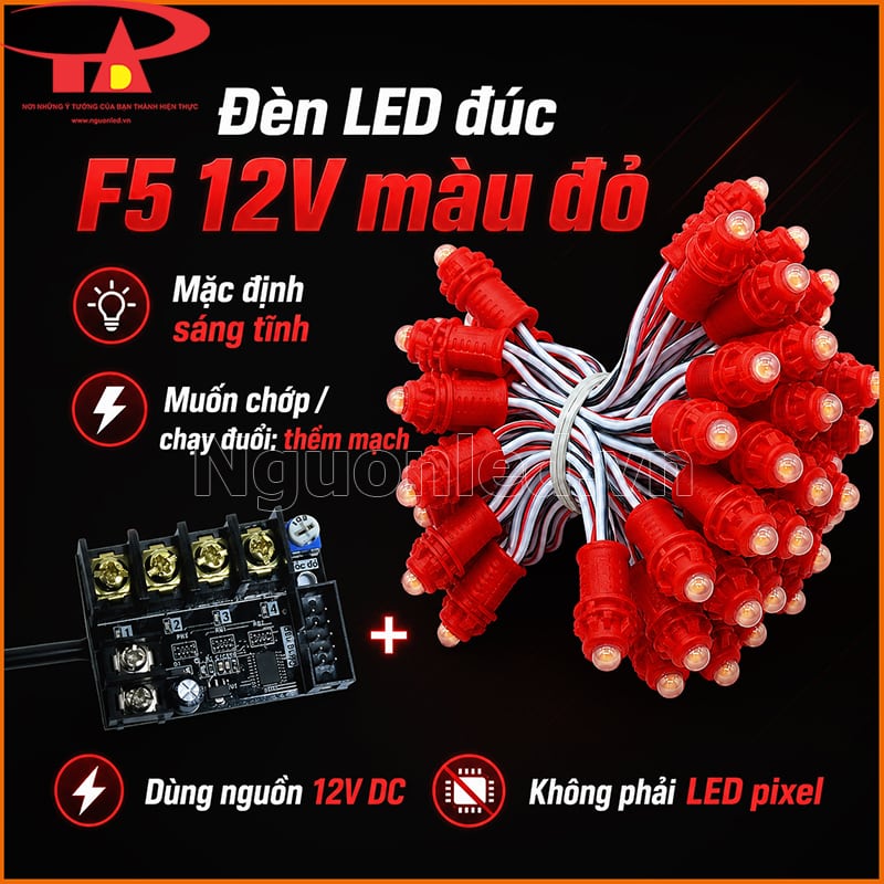 Đèn LED đúc F5 màu đỏ 12V kết hợp mạch điều khiển để tạo hiệu ứng chớp