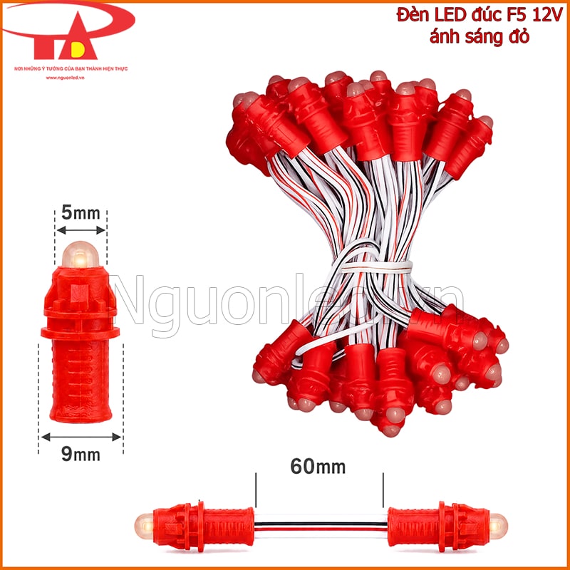 Bóng LED đúc F5 12V màu đỏ với đầu 5mm, đế 9mm và khoảng cách bóng 60mm
