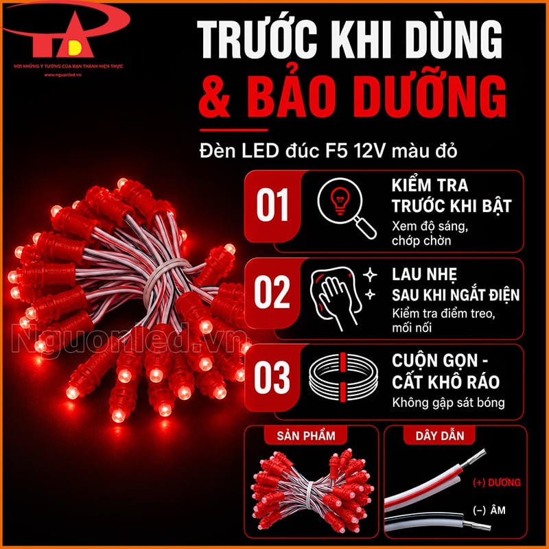 Đèn LED đúc F5 12V màu đỏ với hướng dẫn kiểm tra, lau nhẹ và cuộn dây bảo quản