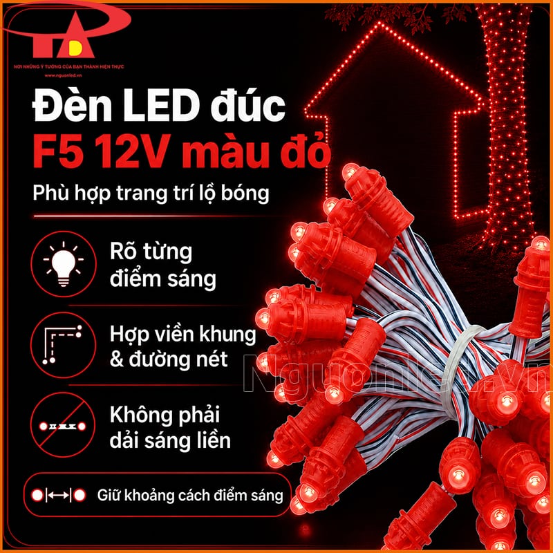 Bóng LED đúc F5 màu đỏ tạo chuỗi điểm sáng rời, nhìn rõ từng bóng trên nền tối 