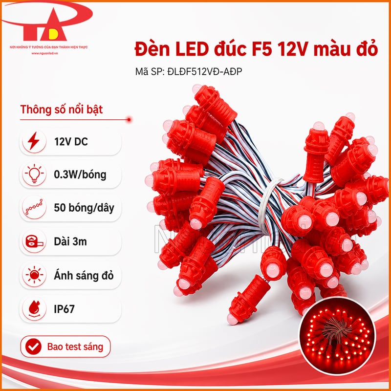 Đèn LED đúc F5 12V màu đỏ với 50 bóng, dây 3m, 0.3W/bóng và IP67  