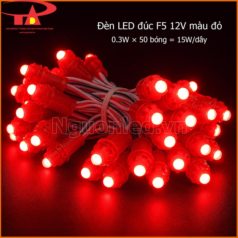 Đèn LED đúc F5 12V đỏ minh họa công suất 15W cho một dây 50 bóng