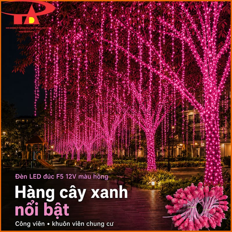 Dây LED đúc 12V màu hồng quấn hàng cây xanh trong công viên và khuôn viên chung cư