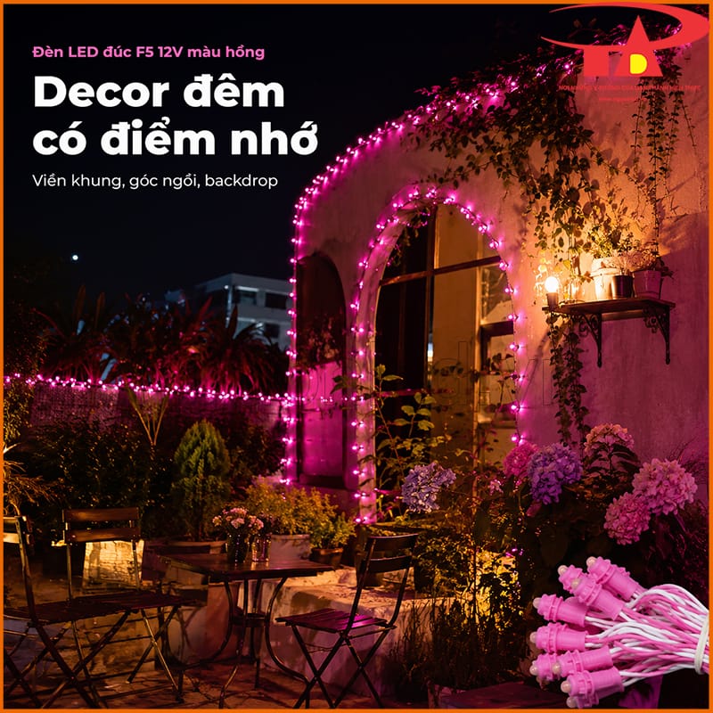LED đúc F5 12V màu hồng trang trí quán cà phê sân vườn và góc decor đêm