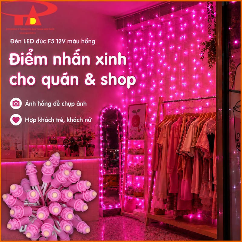 Dây LED đúc 12V màu hồng trang trí shop thời trang và khu gương chụp ảnh