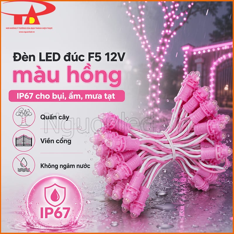 Đèn LED đúc F5 12V màu hồng IP67 cho bụi ẩm, mưa tạt, quấn cây và viền cổng