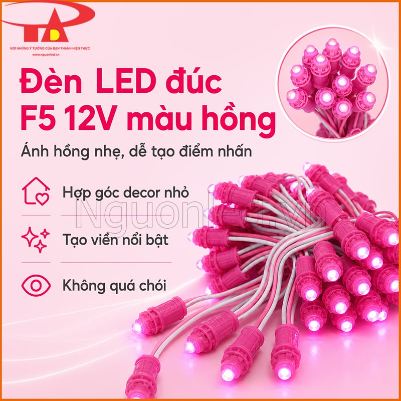 Đèn LED đúc F5 12V màu hồng cho góc decor nhỏ, viền nổi bật và ánh sáng không quá chói