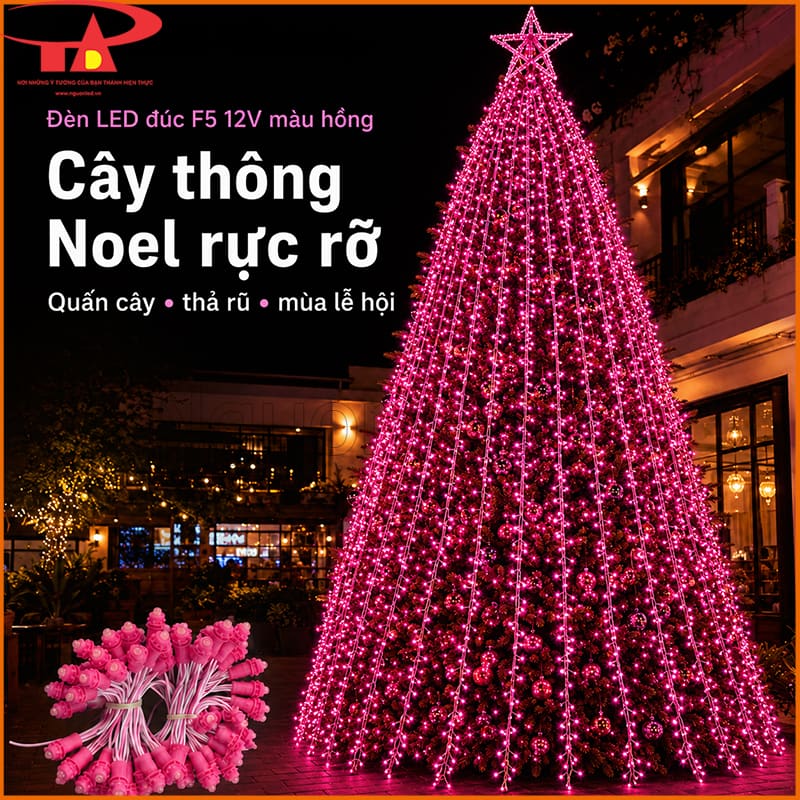 Đèn LED đúc F5 12V màu hồng trang trí cây thông Noel ngoài trời 