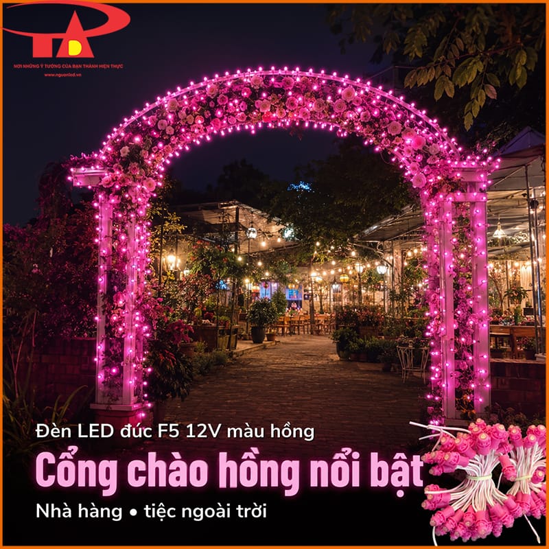 Đèn LED đúc F5 12V màu hồng trang trí cổng chào nhà hàng và tiệc ngoài trời