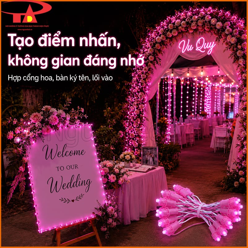 Đèn LED đúc F5 màu hồng 12V trang trí cổng cưới, bảng welcome và lối vào